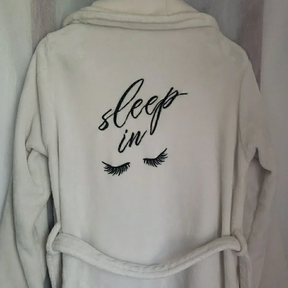 Sleep In White Robe Women's Short Fleece Belt Pockets *FLAW